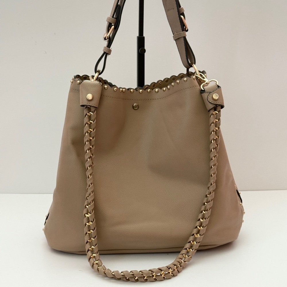 Women’s Tan Studded Shoulder Bag With Rope Style Handle - Picture 2 of 13